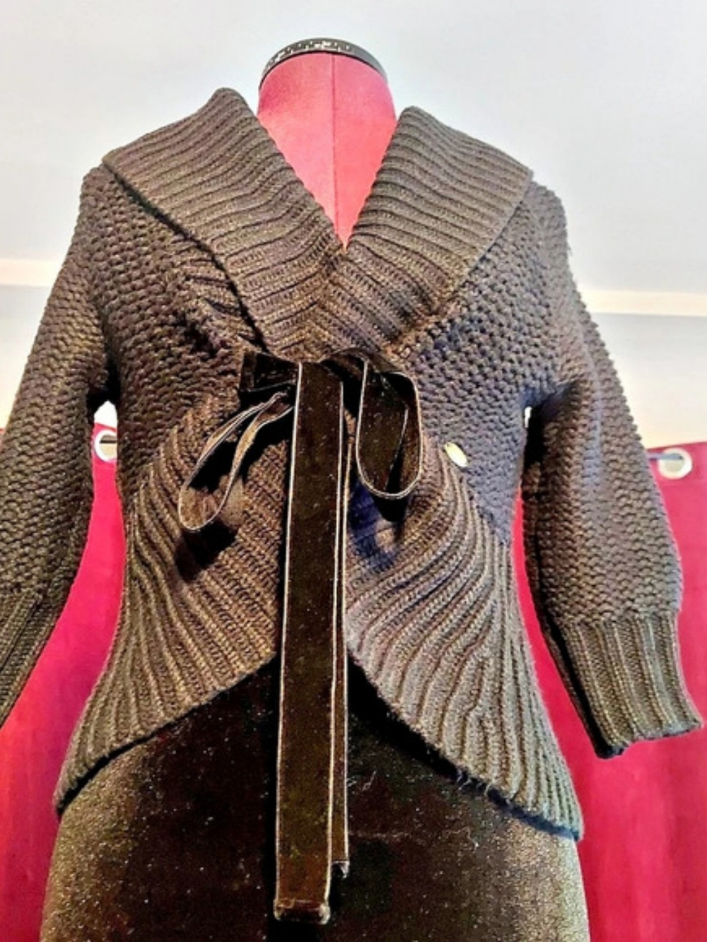 GUESS Black Knit Wrap Shawl Collar Cardigan, Velvet Tie Front With 3/4 Sleeves